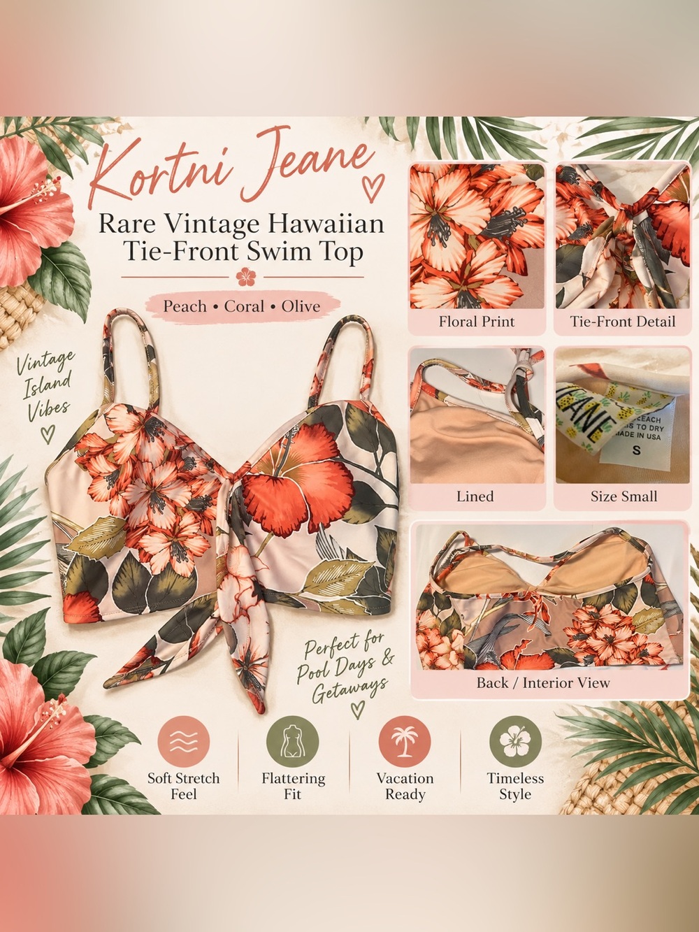Kortni Jeane Rare Vintage Hawaiian Tie-Front Swim Top – Size Small